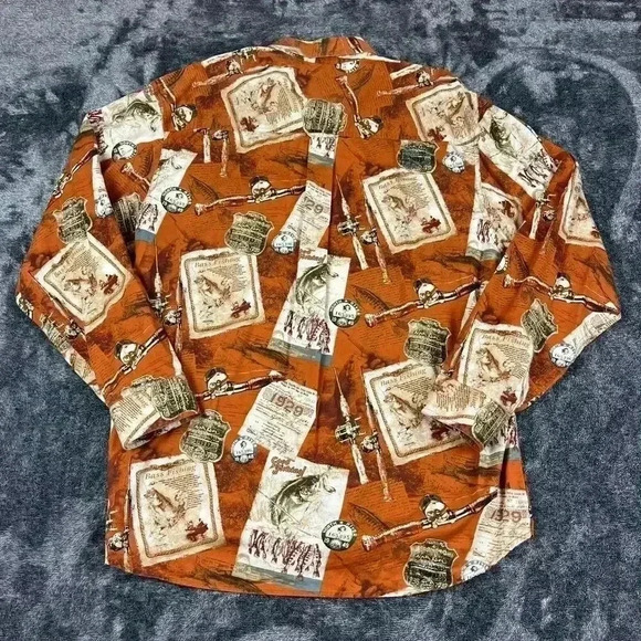 North River Outfitters All Over Fishing Print Orange Long Sleeve Button Up XL - Picture 7 of 9